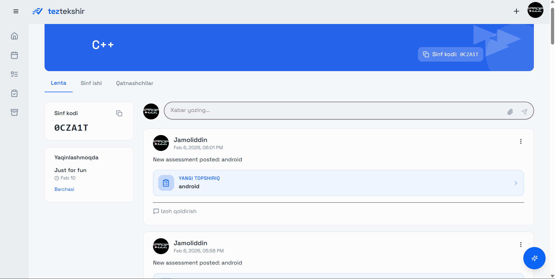 Sinf lentasi, kirish kodi, e'lonlar va topshiriqlar bilan
