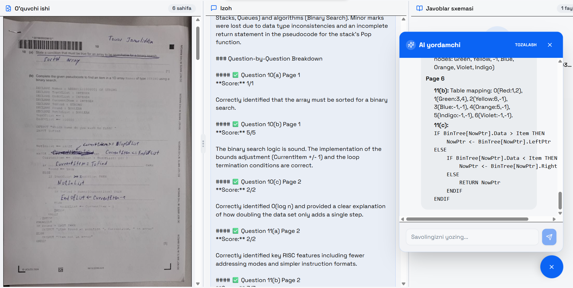 AI baholash tahlili ko'rinishi, savolma-savol ballar bilan